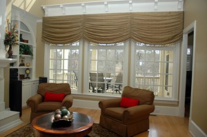 This homeowner saw a similar window treatment we made for another client and had to have it! We of course used different fabric and trim but the results were stunning! This fabric has a leaf pattern woven within that is tone on tone and the width of the window is at least 12 feet long. Marietta, GA