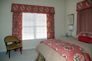 This homeowner saw a picture from Calico Corners and wanted to recreate that exact treatment for one of her guest bedrooms. We did just that along with the wall mounted canopy over the bed and we even created a throw for the bottom of the bed or to use during an afternoon nap.